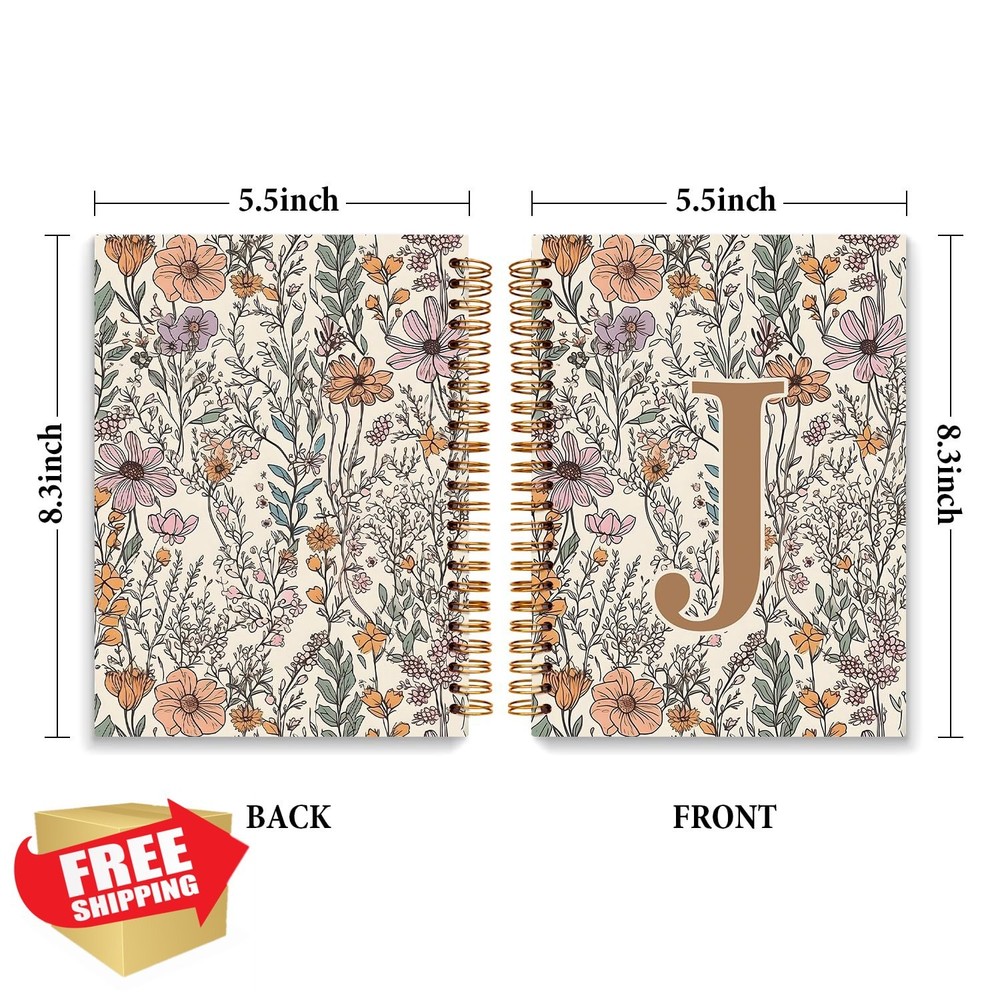 JXREQ Boho Floral Initial J Notebook Journal, Monogrammed 5.5x8.3"