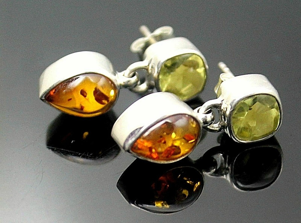 CHARMING CITRINE PEAR BALTIC AMBER STERLING SILVER DANGLE POST EARRINGS