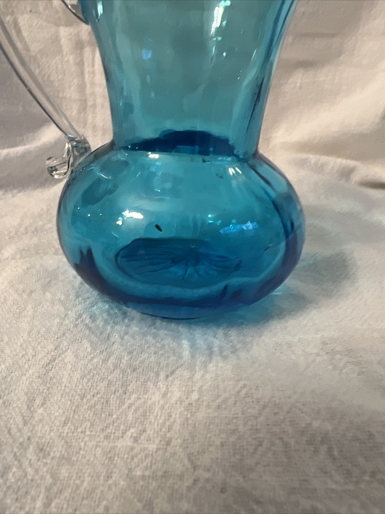 Handblown Mini Pitcher Blue With Clear Applied Handle 3.5”
