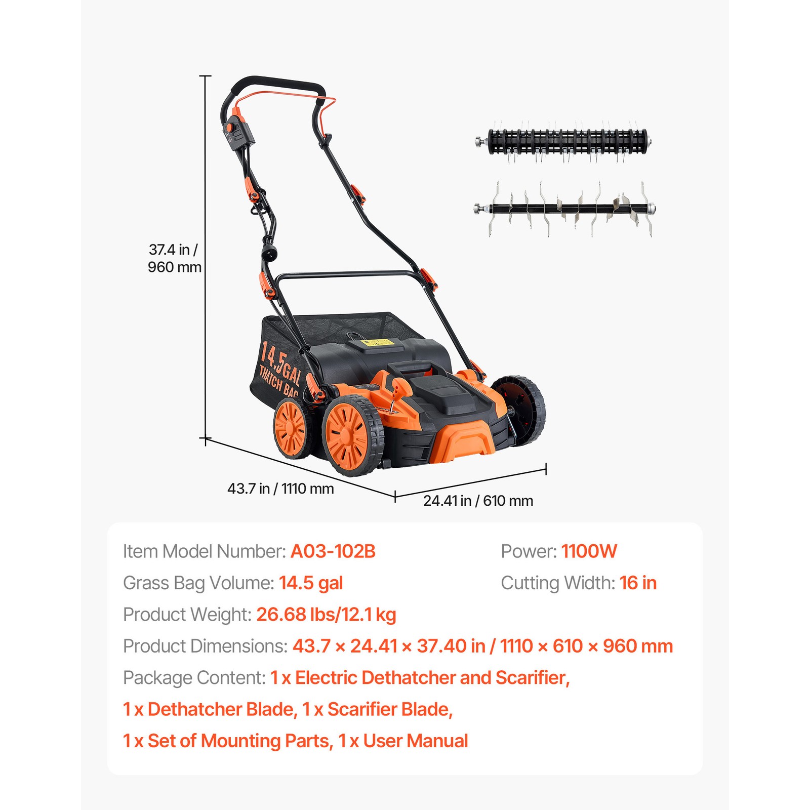 Uimoso 16-Inch Electric Lawn Dethatcher and Scarifier 2-in-1 Equipment 15 Amp