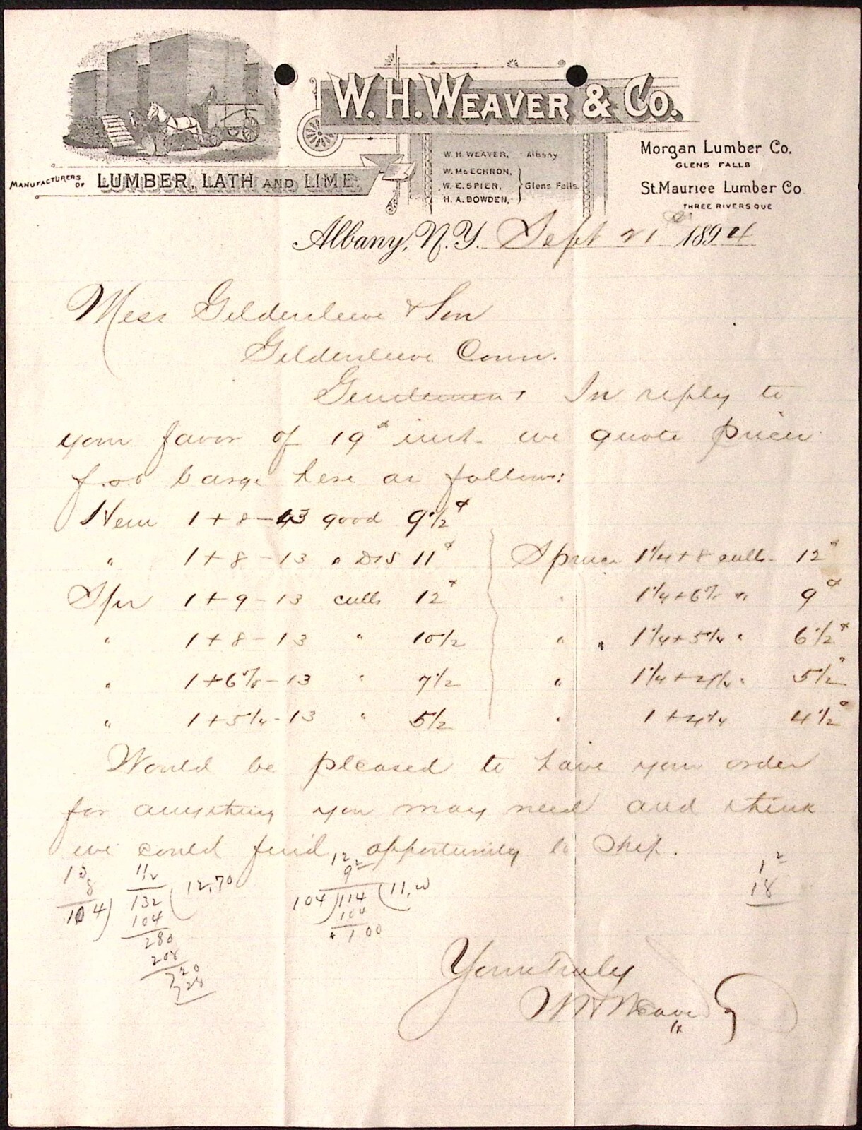 1894 W.H. Weaver & Co Lumber Lath Lime ALBANY NY Illustrated Letterhead