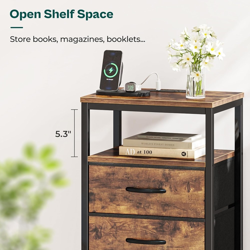 Stylish Bedside Table with Charging Outlet & Ample Storage - Rustic Brown Finish