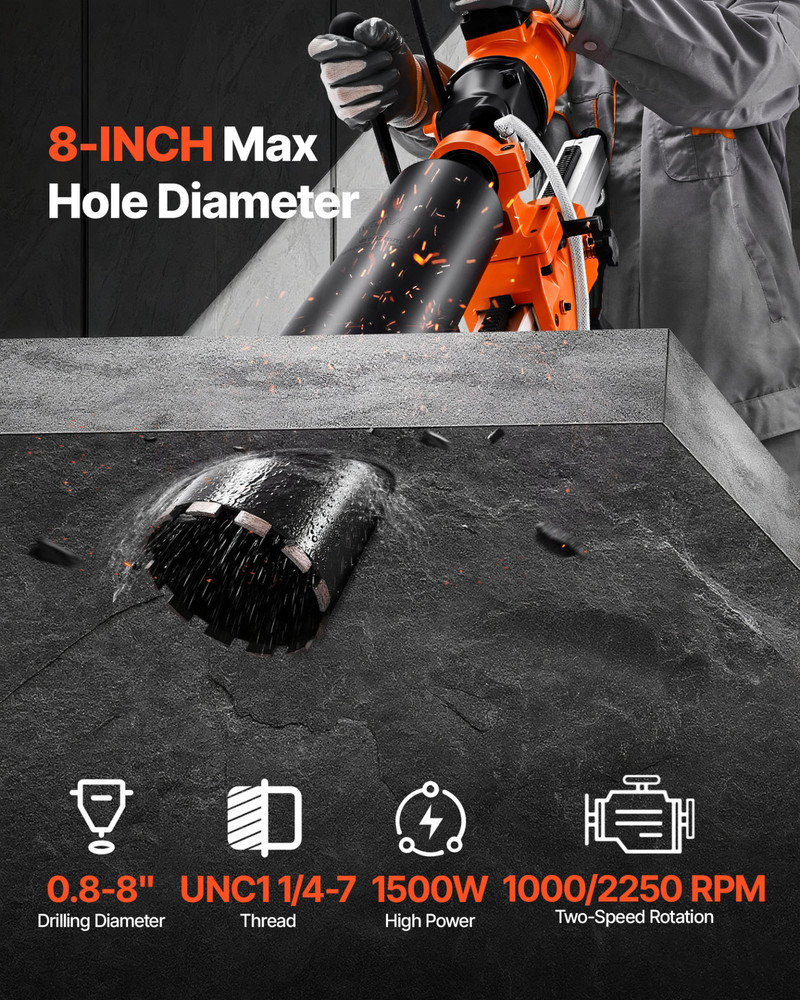 Diamond Core Drilling Machine, 8 in Drilling Diameter, 1800W