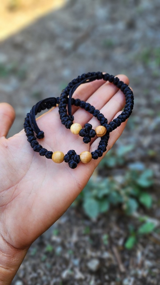 Handmade Orthodox 33 Knot Prayer Bracelets Black With Jerusalem Olive Wood Beads