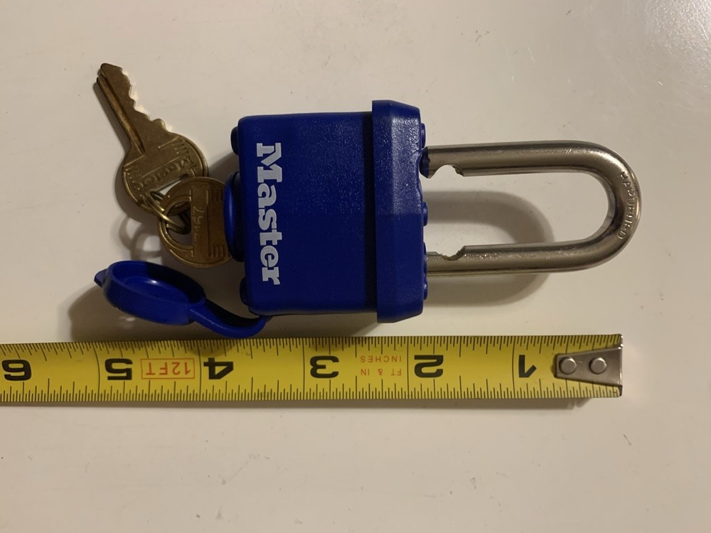 Master Lock Blue Pad Lock Tough Under Fire Keyed With 2 x Keys