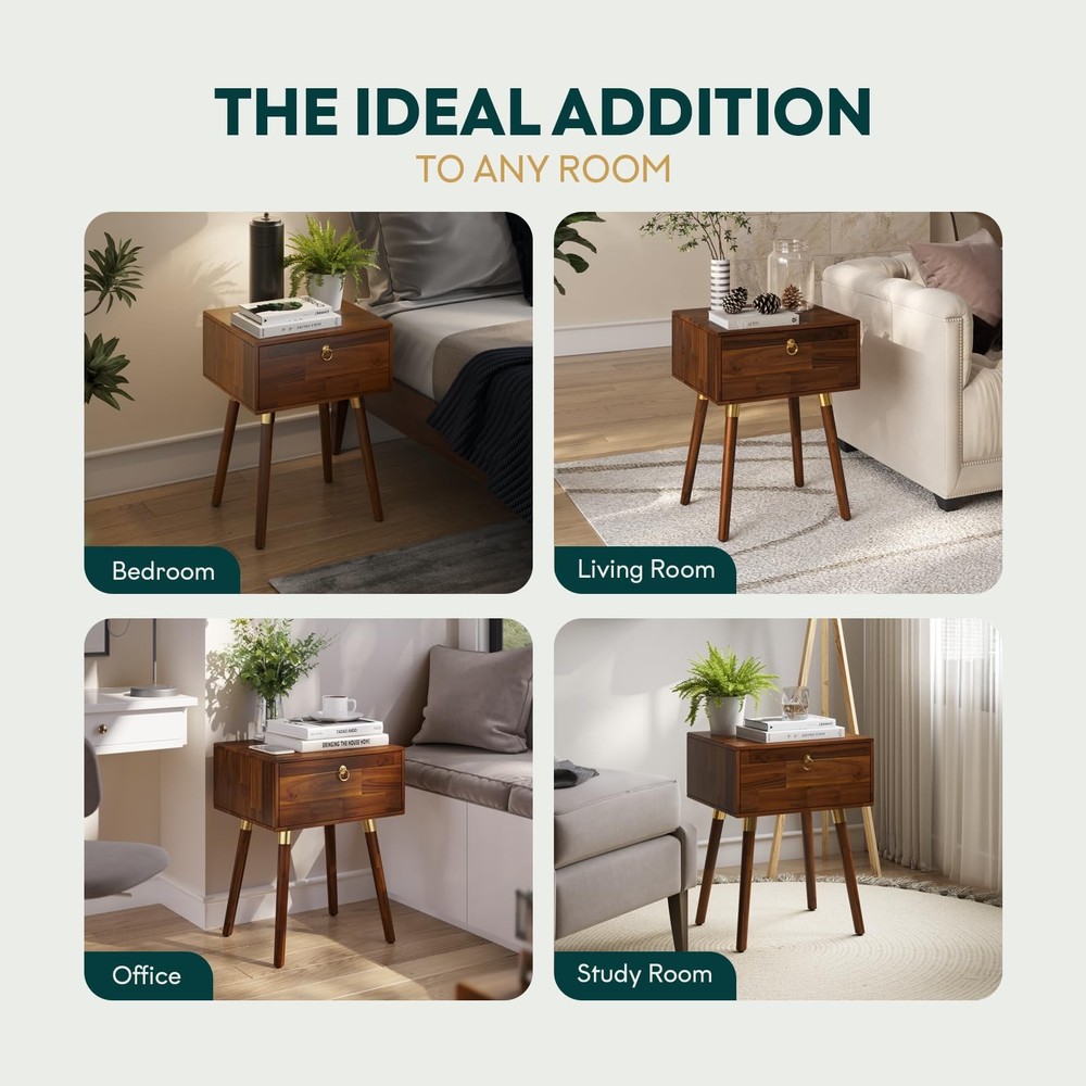 Alden Solid Wood Nightstand/Side Table/End Table, Fully Assembled, with 1-Dra...