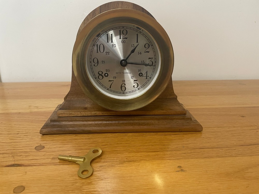 Seth Thomas Brass Ships Clock with Walnut Stand