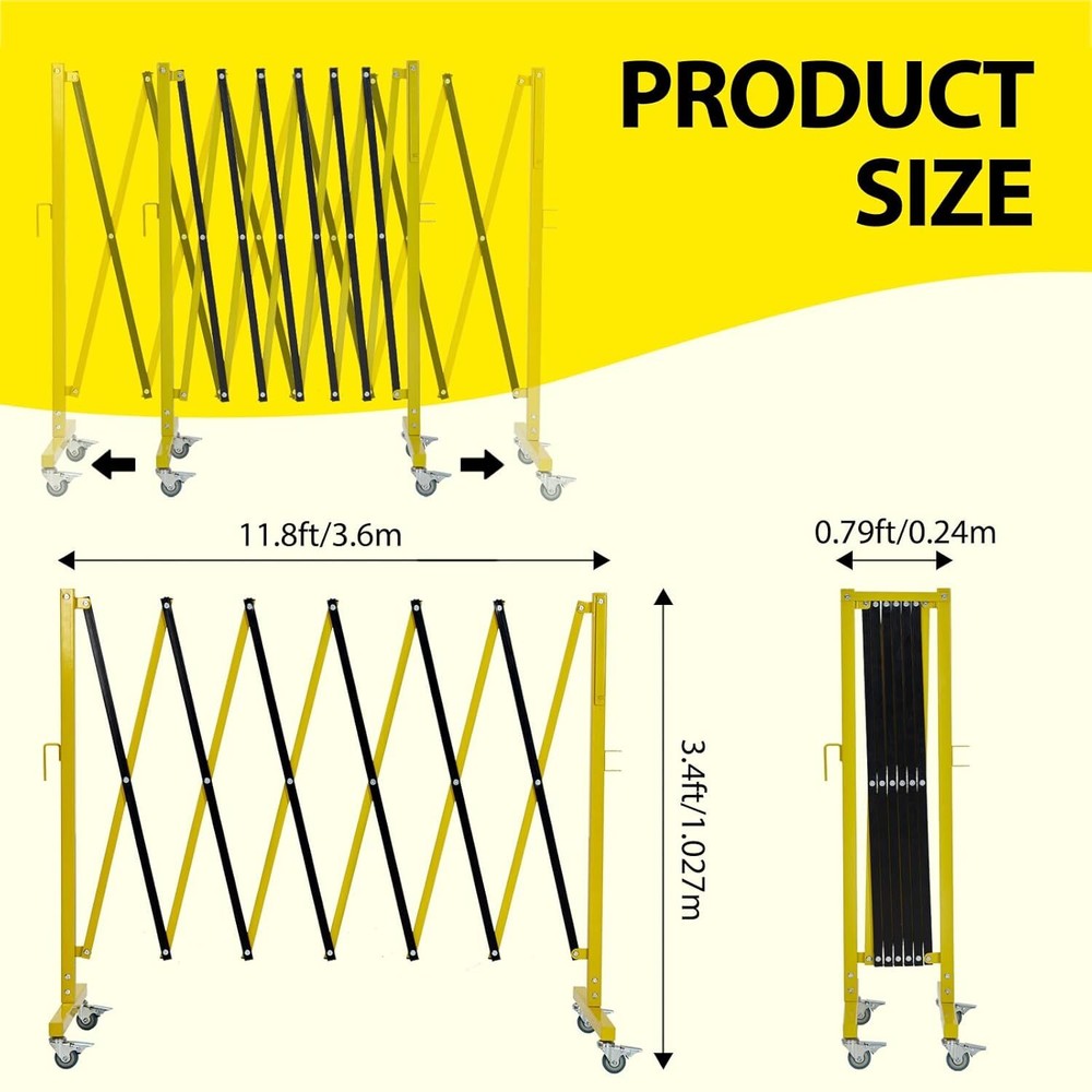 11FT Industrial Expandable Barricade Folding Security Gate w/ Wheels,Retractable
