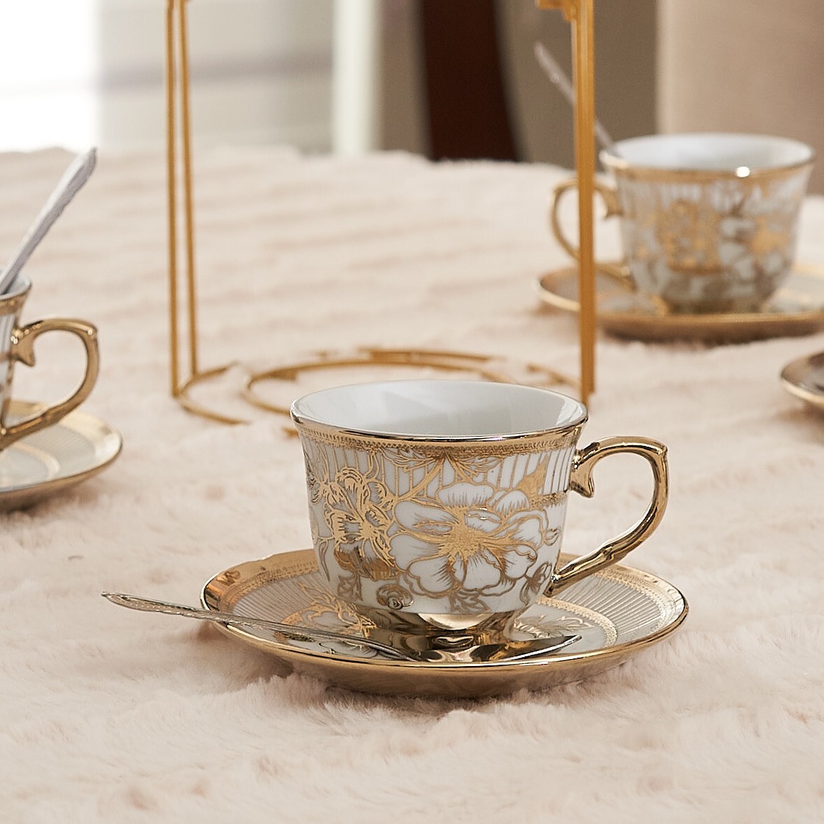 European Style 20pcs Ceramic Coffee Cup & Saucer Set w Rack Spoons GOLD Tea Set