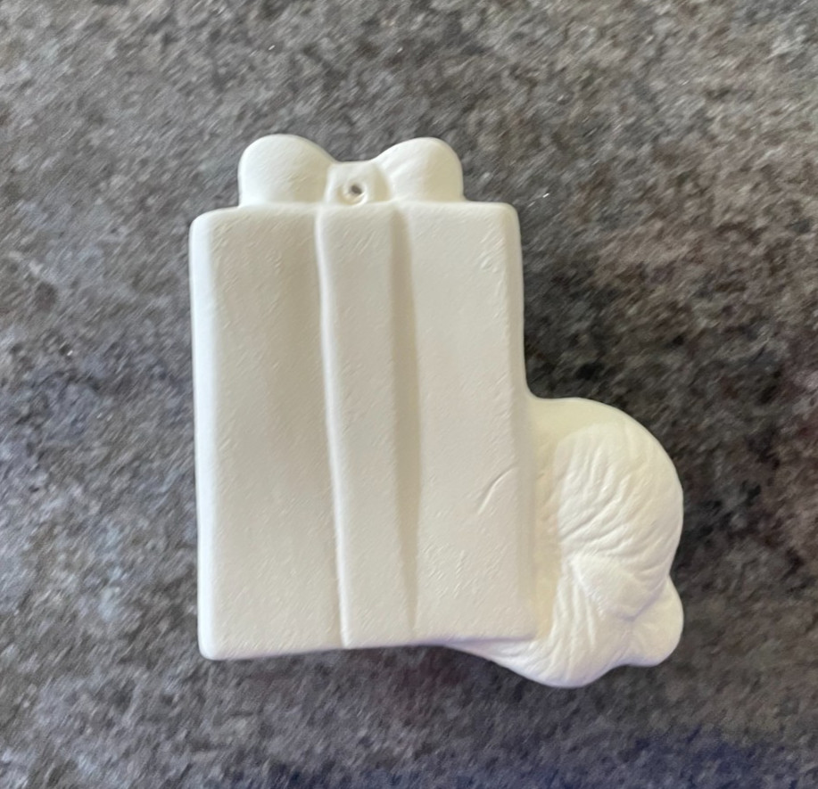 Sleeping Bear with Present Ornament Ceramic Bisque Ready-to-Paint*