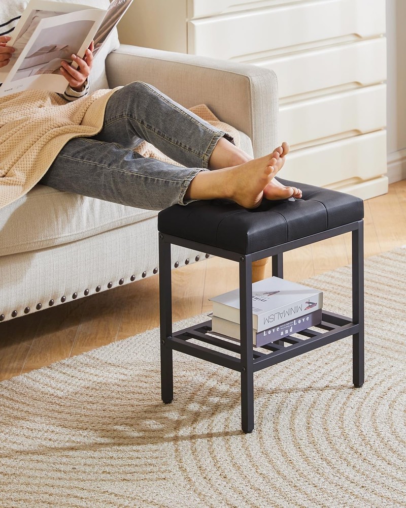 Rectangular Makeup Stool Adjustable Feet Storage Space PU Vanity Seat Black