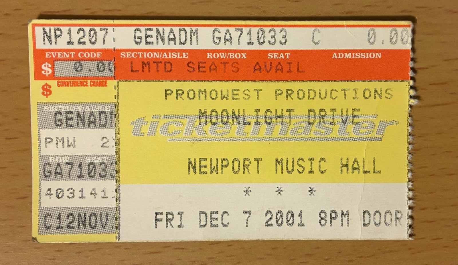 2001 THE DOORS TRIBUTE BAND MOONLIGHT DRIVE COLUMBUS OH CONCERT TICKET STUB