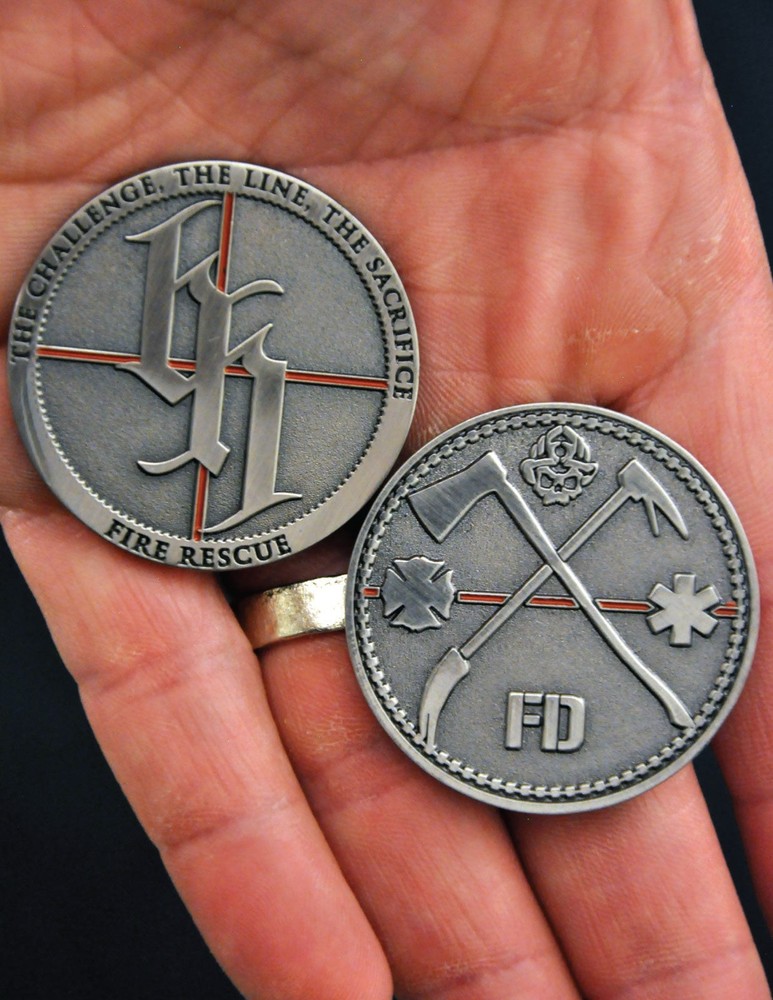 Firefighter Thin Redline Challenge Coin- The Challenge -The Line- The Sacrifice