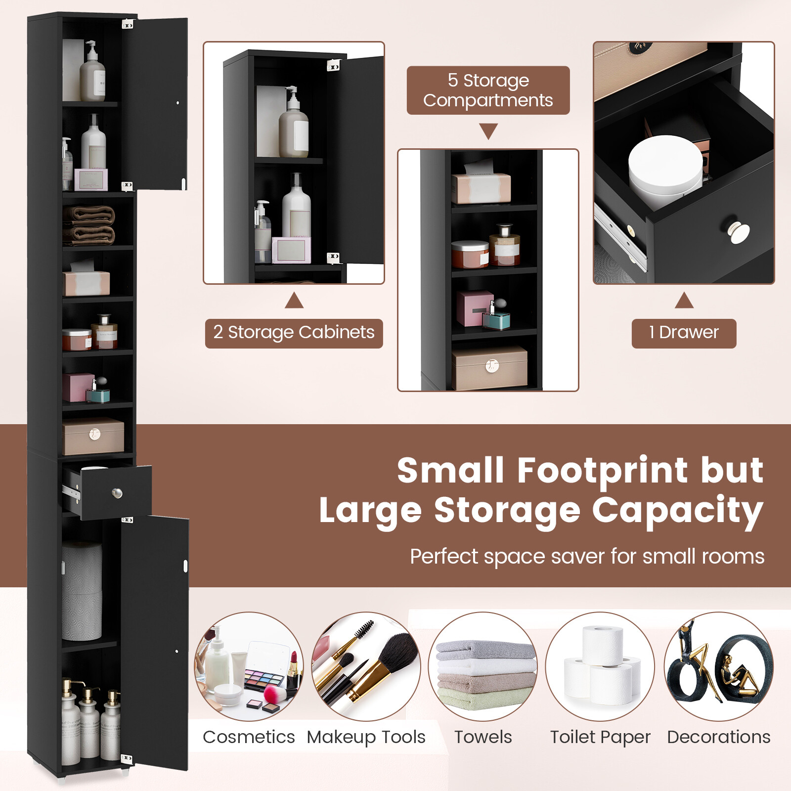 Tall Slim Bathroom Storage Cabinet Linen Tower w/ 2 Doors 1 Drawer Shelves Black