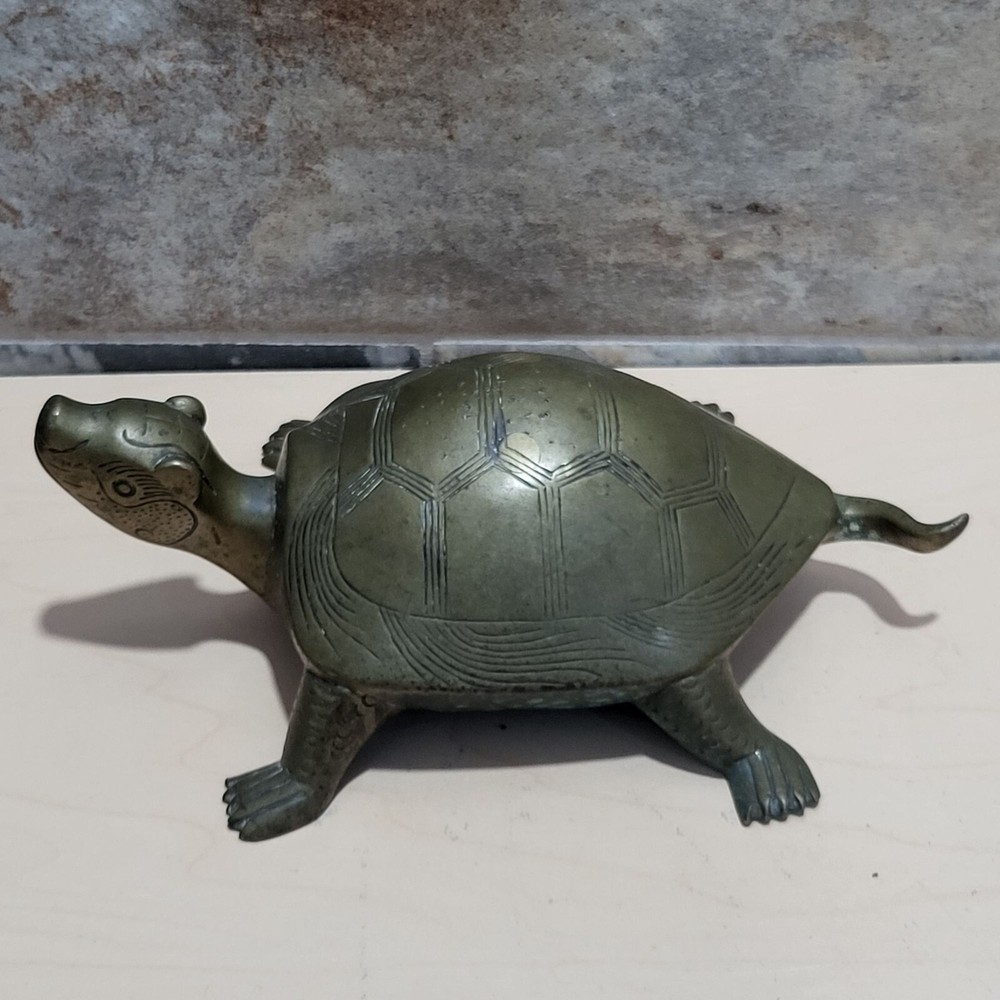 Vintage Etched Solid Brass Turtle Longevity Animal Tortoise