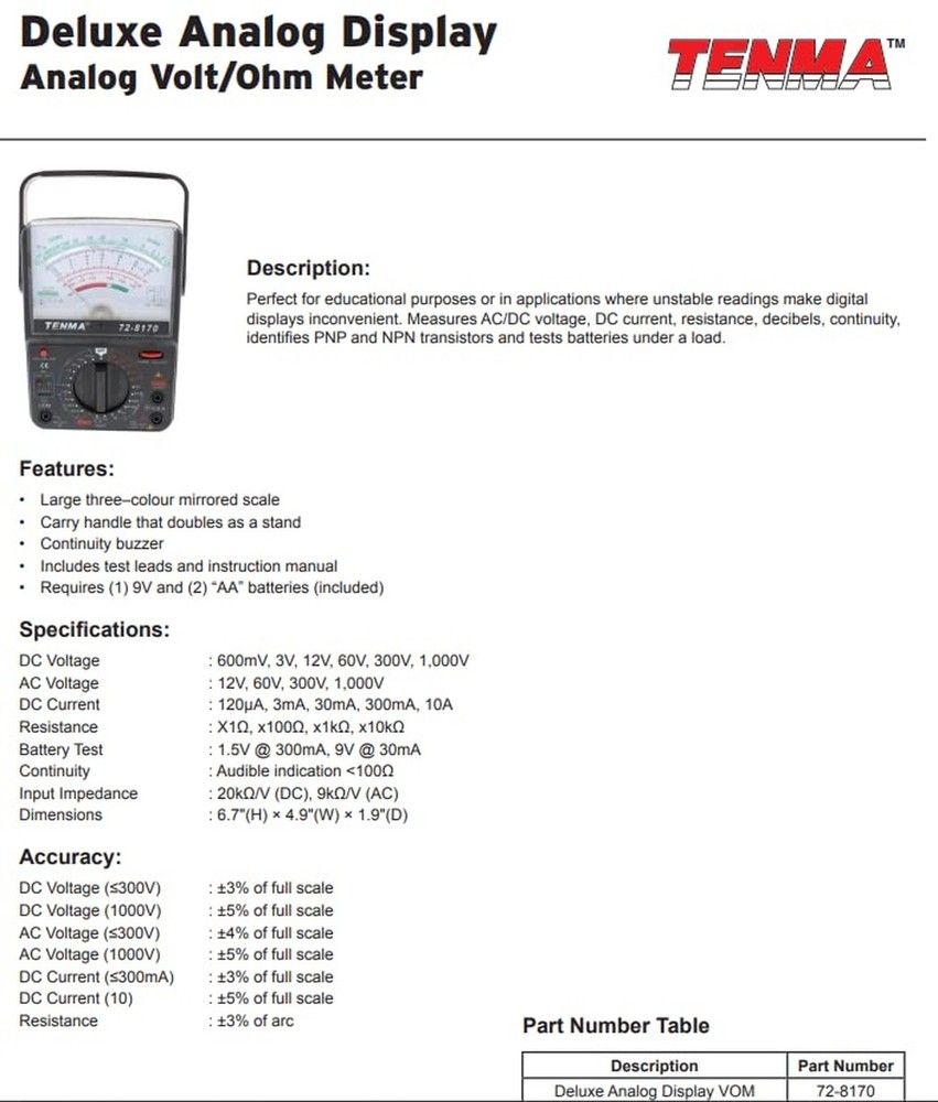 TENMA 72-8170 MULTIMETER, Analog, 6 Functions