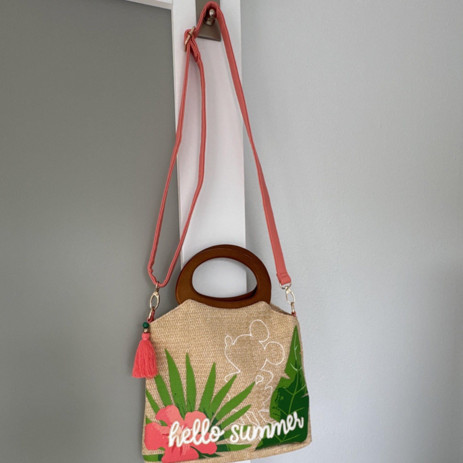 Disney Mickey Mouse Hello Summer Straw Shoulder Bag Coral Strap Wooden Handle