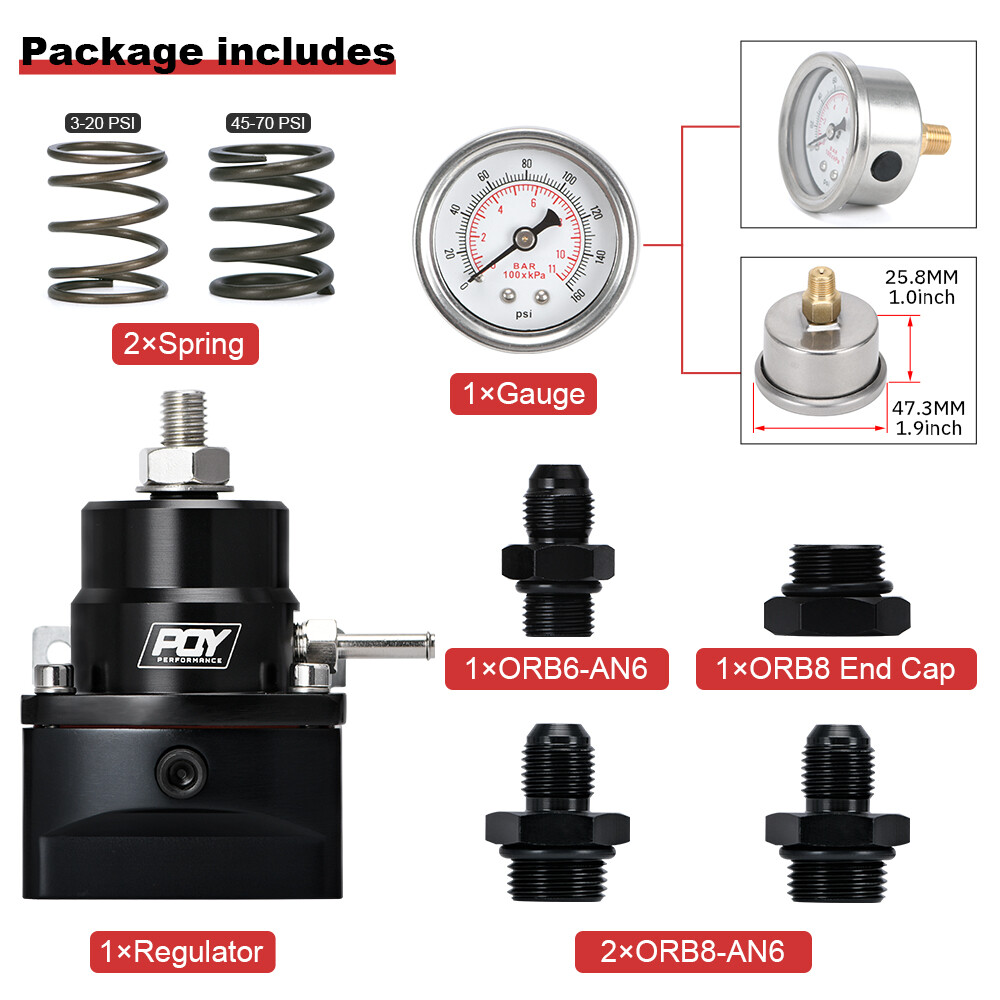 Black Adjustable Efi Fuel Pressure Regulator Bypass Gauge AN6 Feed & AN6 Return