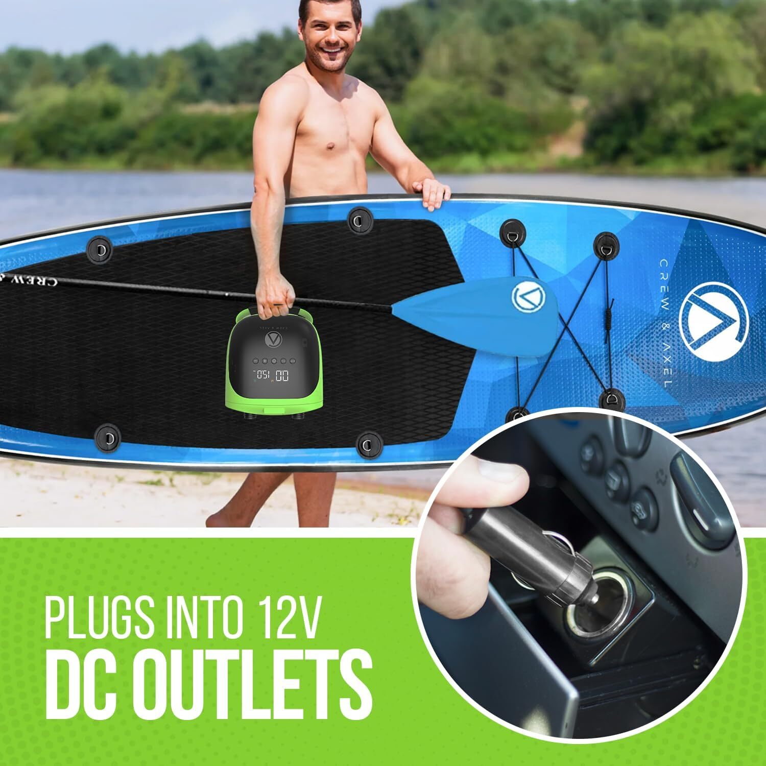 Crew & Axel 20PSI High Pressure Paddle Board Pump. Electric 12V DC Car Connector