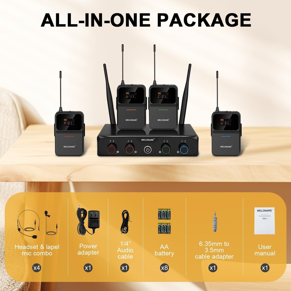 MELONARE 4-Channel Wireless Microphone System,UHF Compact Cordless Mic Set w/...