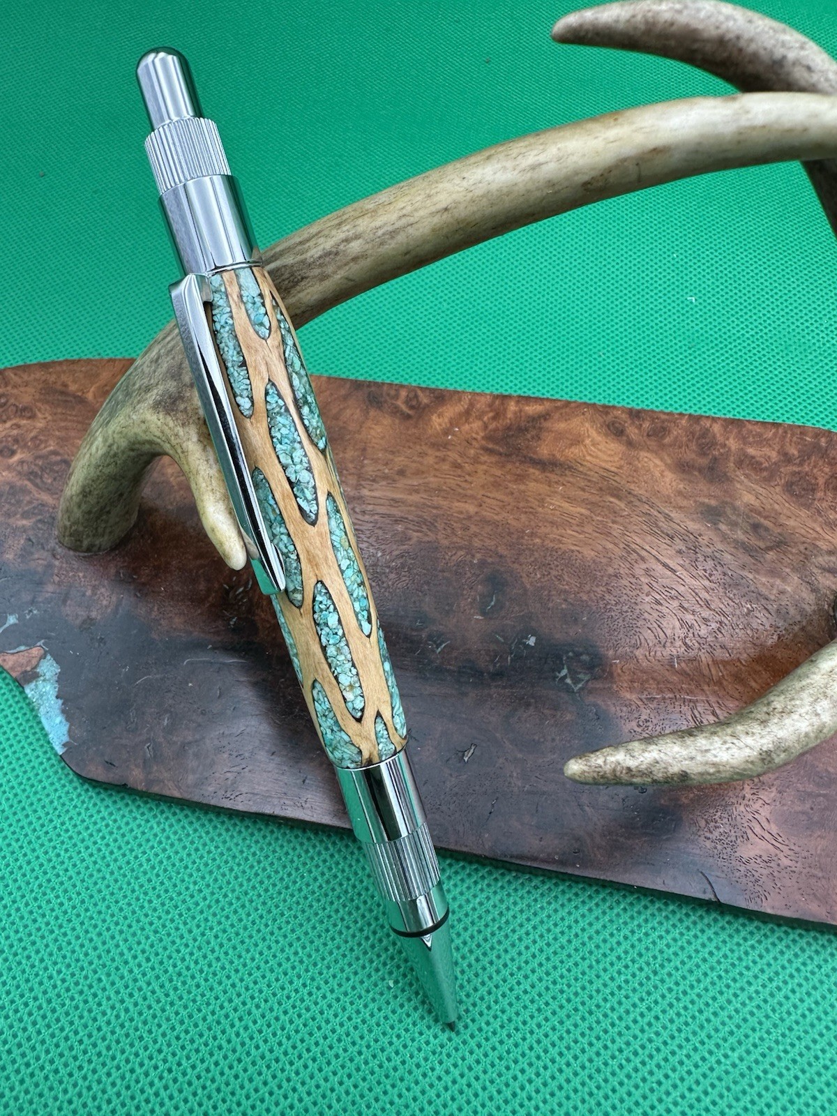 Hand Turned Mechanical Stratus Pencil With Cholla Cactus Inlaid Turquoise Chrome