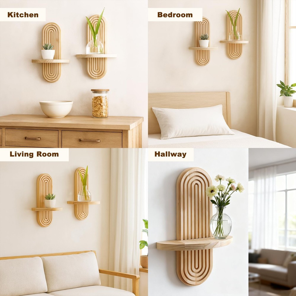 2 Pack Boho Shelf Wall Decor - Handmade Solid Wood Floating Shelves Rainbow A...