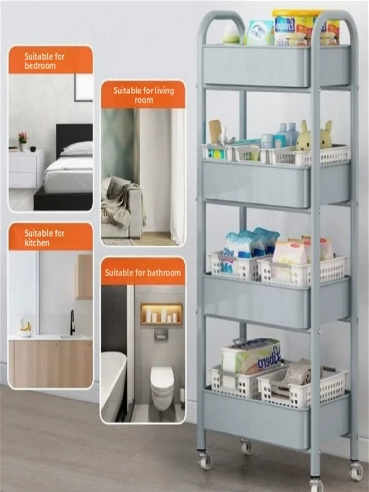 Trolley with Handlebar and Storage Rack, Floor-Standing, Multi-Layer Storage