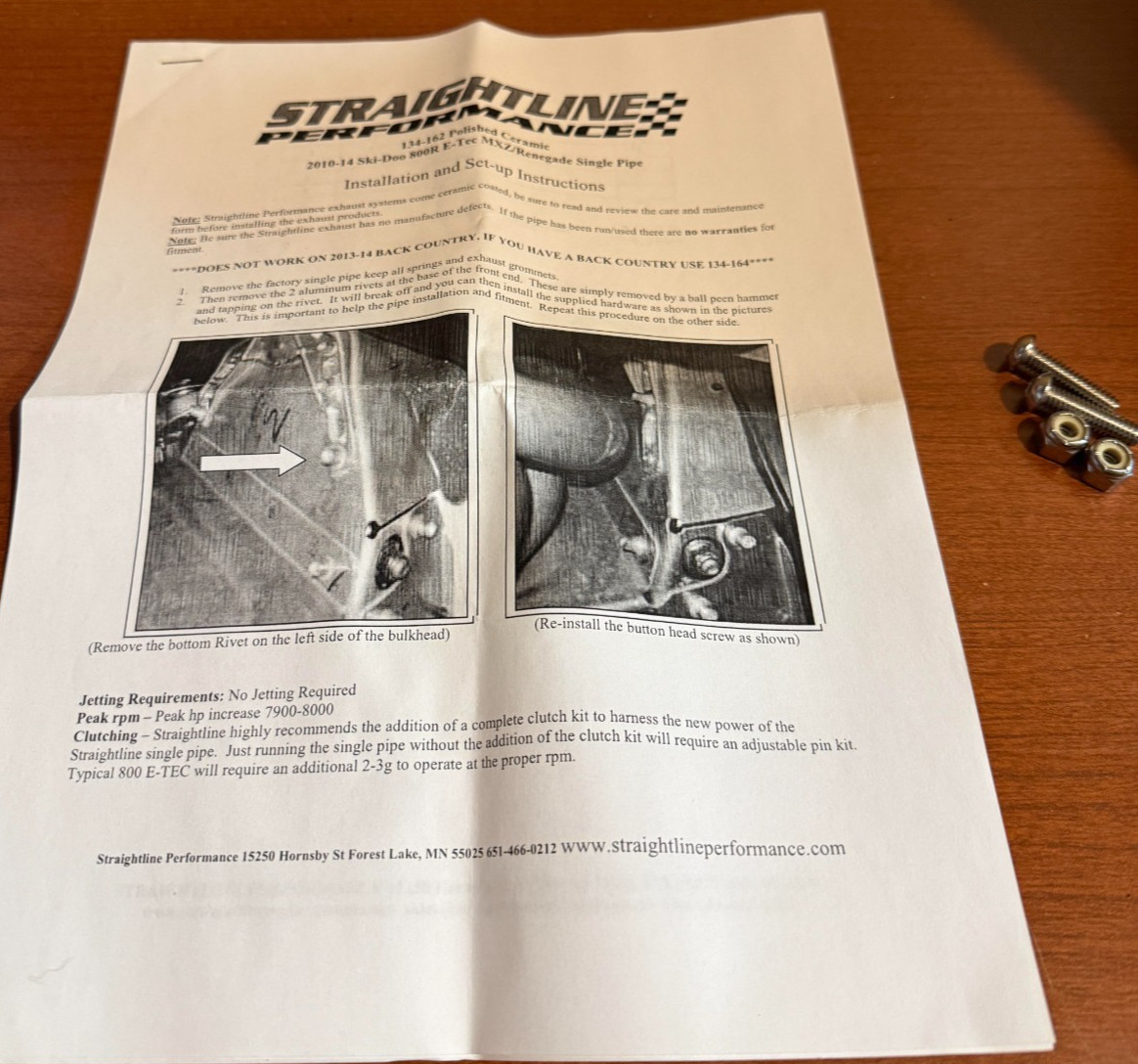 STRAIGHT LINE SINGLE PIPE EXHAUST SYSTEM SKIDOO RENEGADE 11-18 MX-Z 10-16