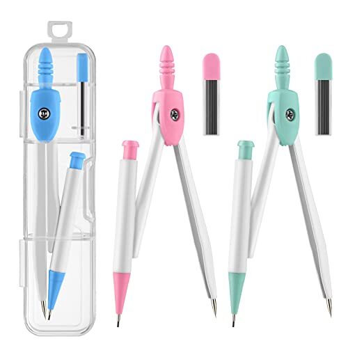 3 Packs Colorful Basic Metal Math Compass for Geometry Pink,blue and Green