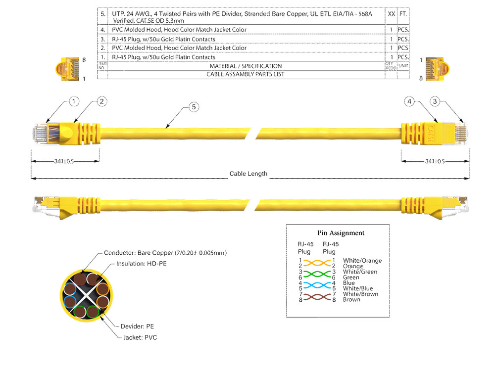 10ft Cat5e UTP Ethernet Network Patch Cable Snagless 24AWG Bare Copper, Yellow