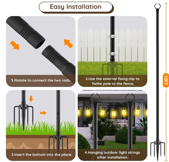 10Ft string Light Poles 4 Pack,Light Poles for Outside Lights