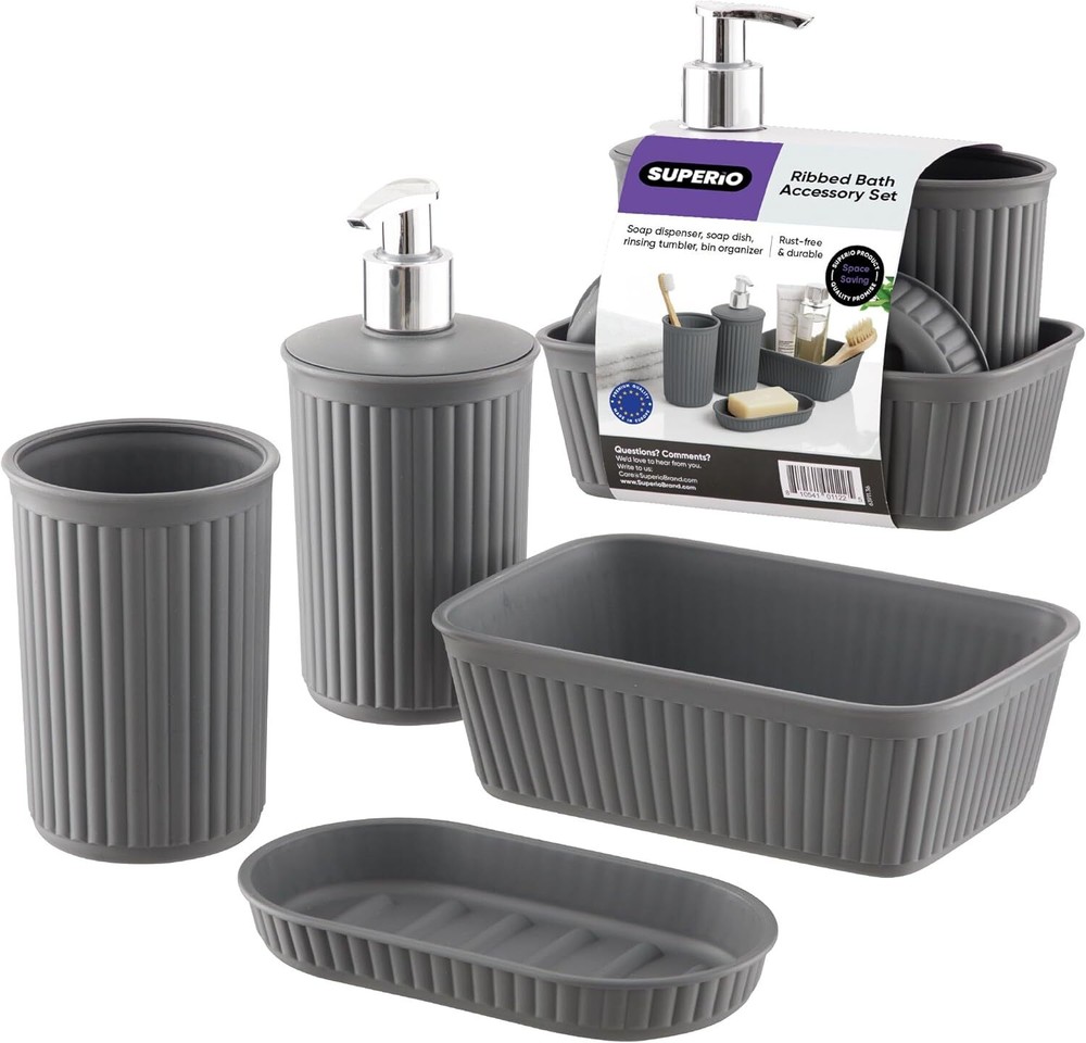 Superio Decorative Ribbed Bathroom Accessory Set, Plastic - Grey (4 Pack)