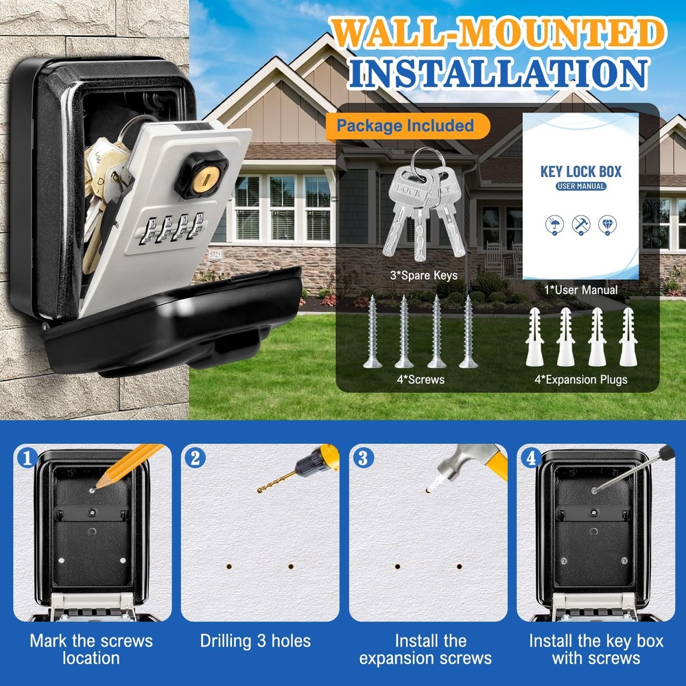 Wall Mount Key Lock Box, Waterproof Lock Box for Keys with Code -Resettable C...