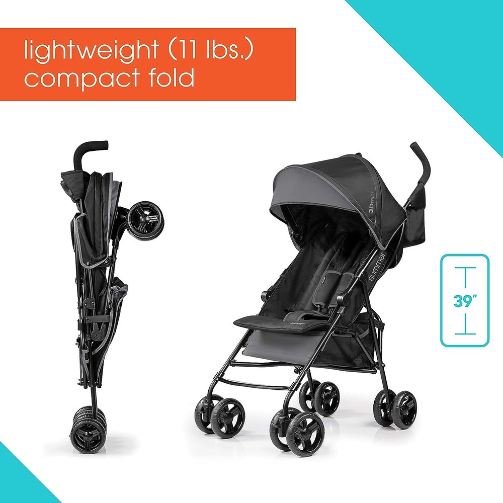 3D Lightweight Mini Stroller w/ Compact Fold Multiposition Recline Canopy &Visor