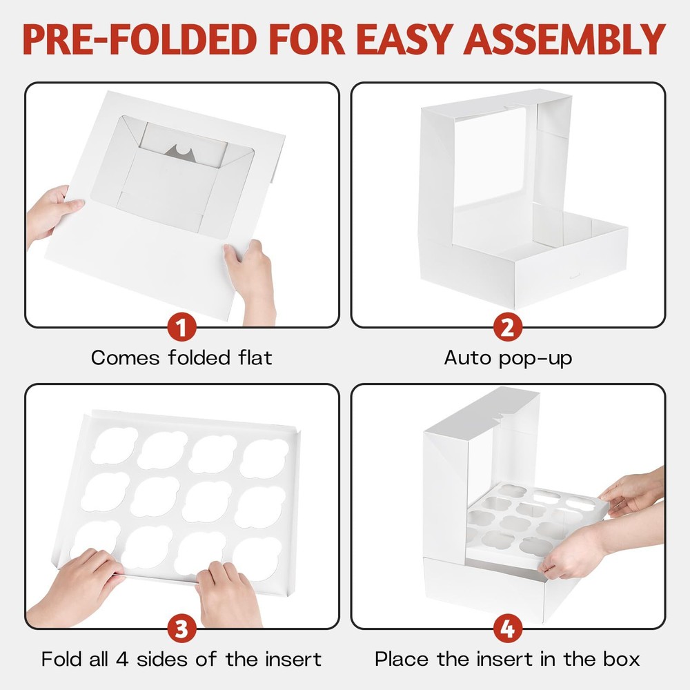 4 Pack Auto-Popup Cupcake Boxes 12 Count White Cupcake Containers with Window...
