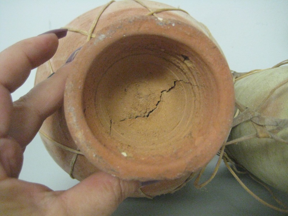 Vintage Terracotta Clay & Hide Double Bongo Drum Rustic Primitive Folk Art
