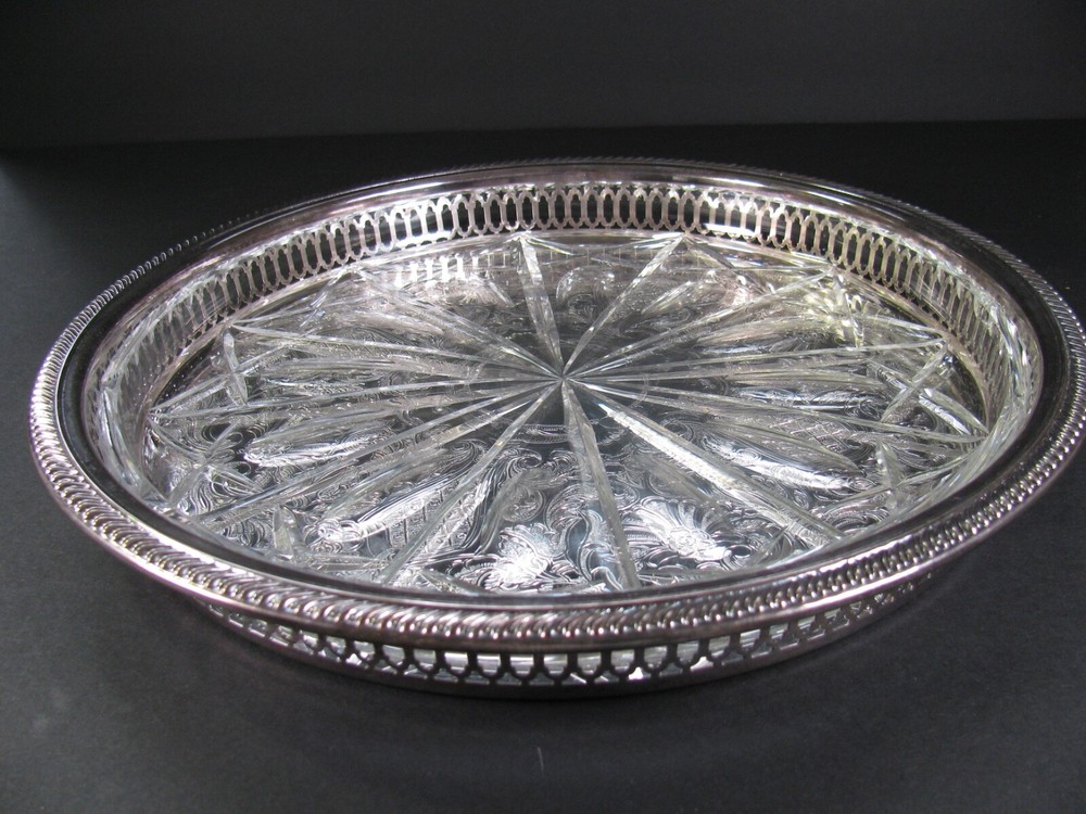 Vtg WM ROGERS Silverplate Etched 12 1/4" Platter Tray & Crystal Platter Insert