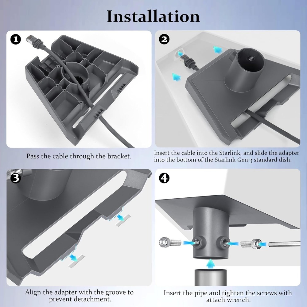 Effortless Installation Starlink Mounting Kit with Pipe Adapter and Cable Clips