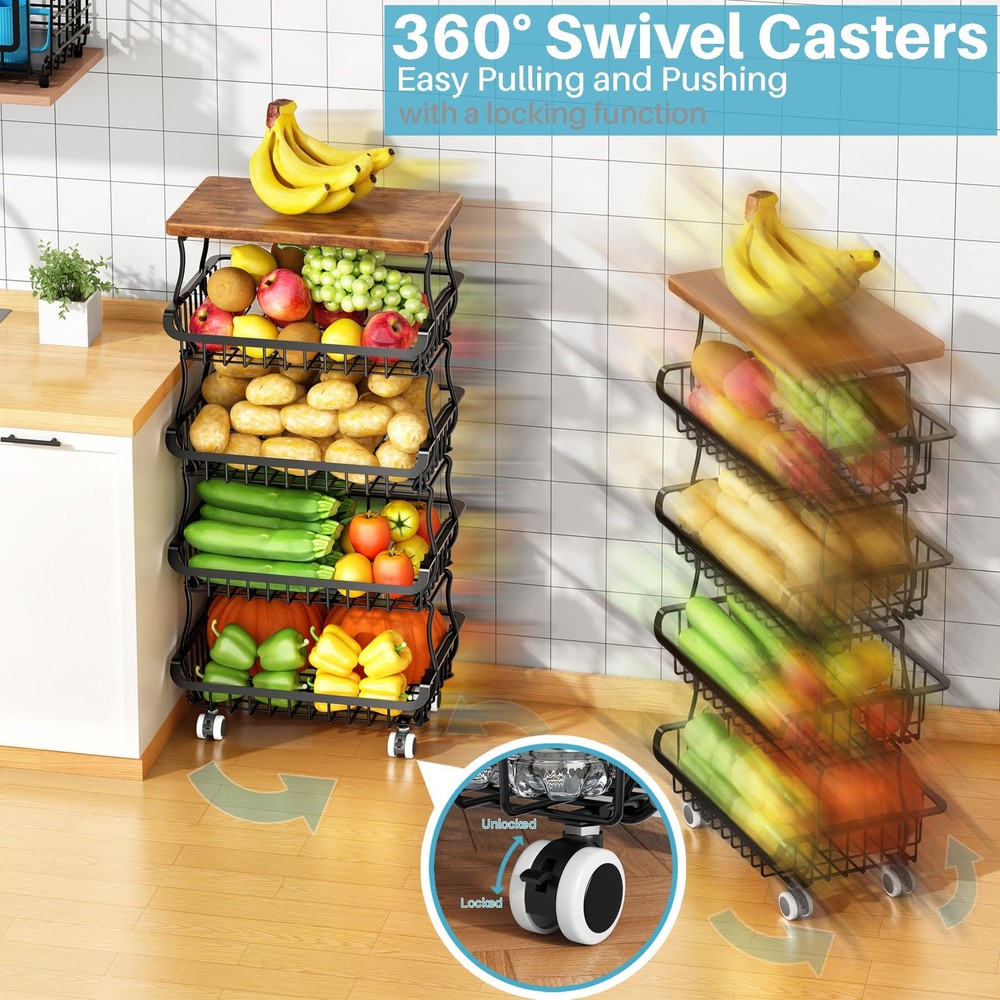 4 Tier Vegetable Fruit Basket for Kitchen, Stackable Metal Fruit and Vegetable S