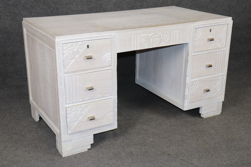 French Art Deco White Paint Decorated Oak Desk