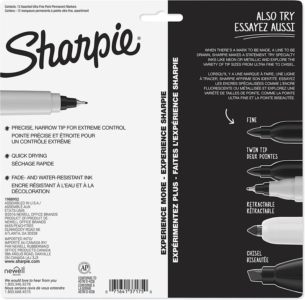 Sharpie Permanent Markers Ultra Fine Point Assorted Colors 12 Count