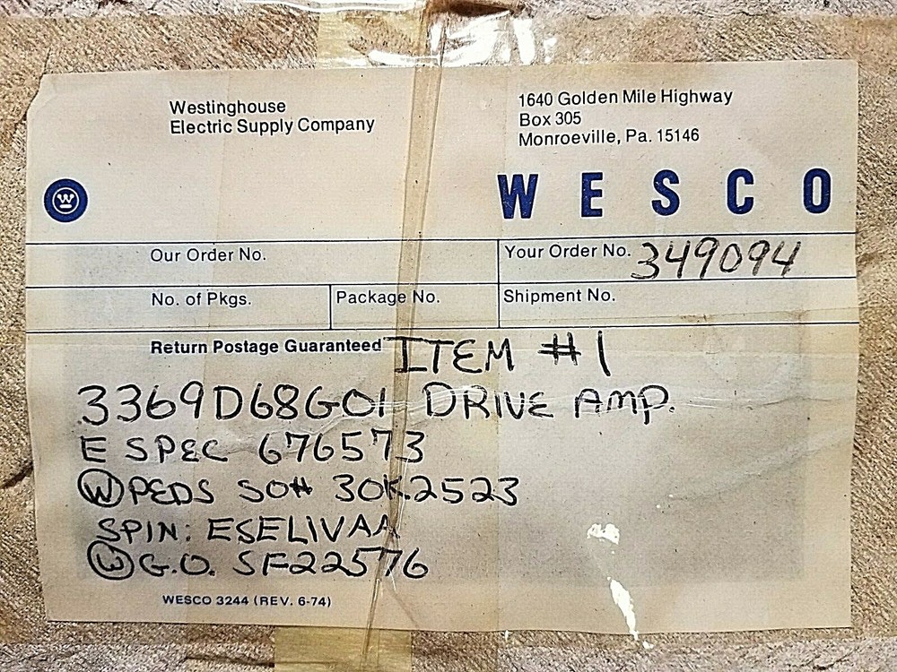 WESTINGHOUSE AMPLIFIER DRIVE 3369D68G01