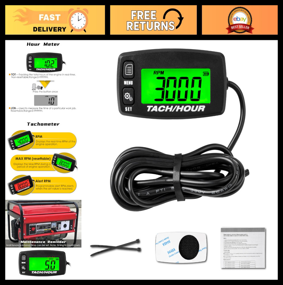 Digital Tachometer Hour Meter - Waterproof, Backlit, Inductive, Battery Replacea