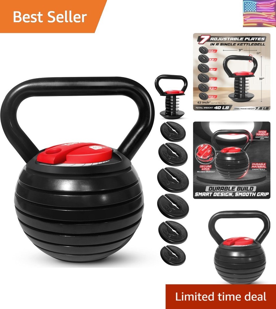 Adjustable Kettlebell Set, 20–40 LB Weight Set, Solid Cast Iron Handle with S...