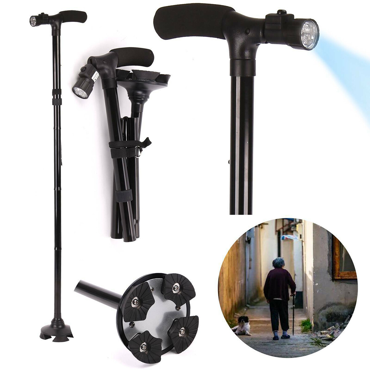 LED Folding Walking Cane for Seniors Men & Women w/ Non-Slip T Handle and Strap