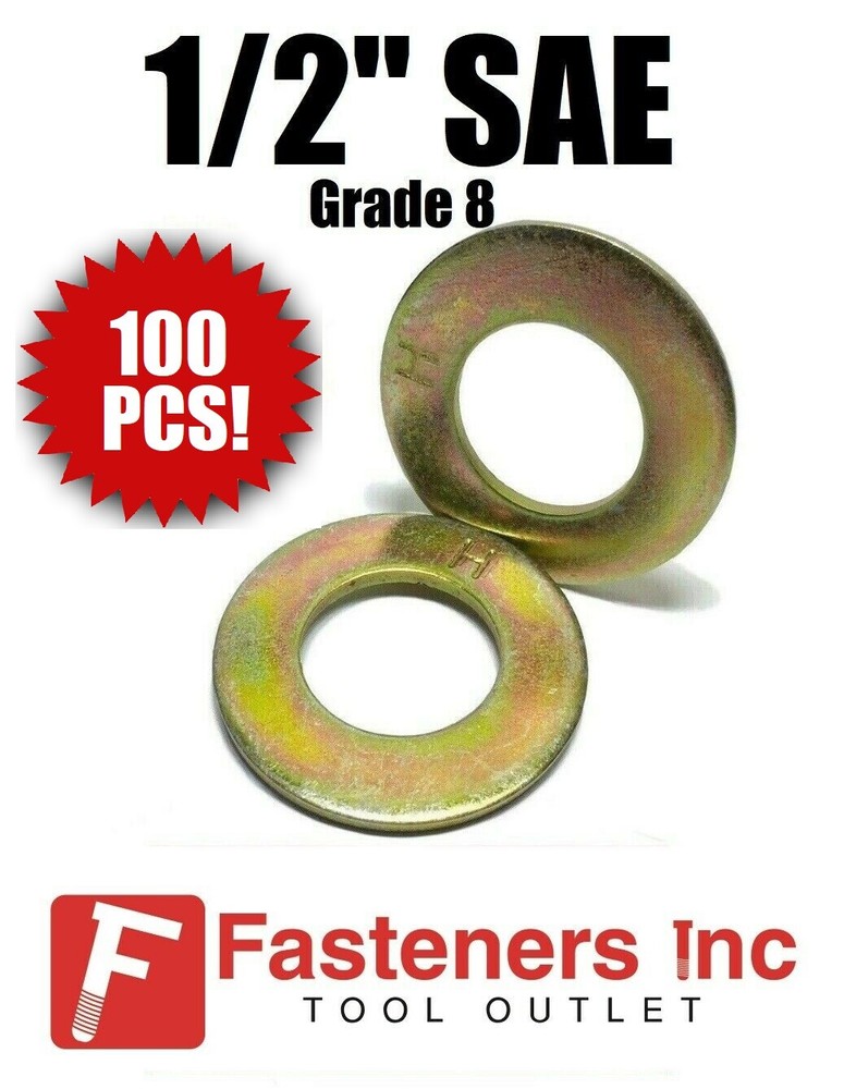 (Qty 100) 1/2" SAE Flat Washers Thru-Hardened / Grade 8 Yellow Zinc