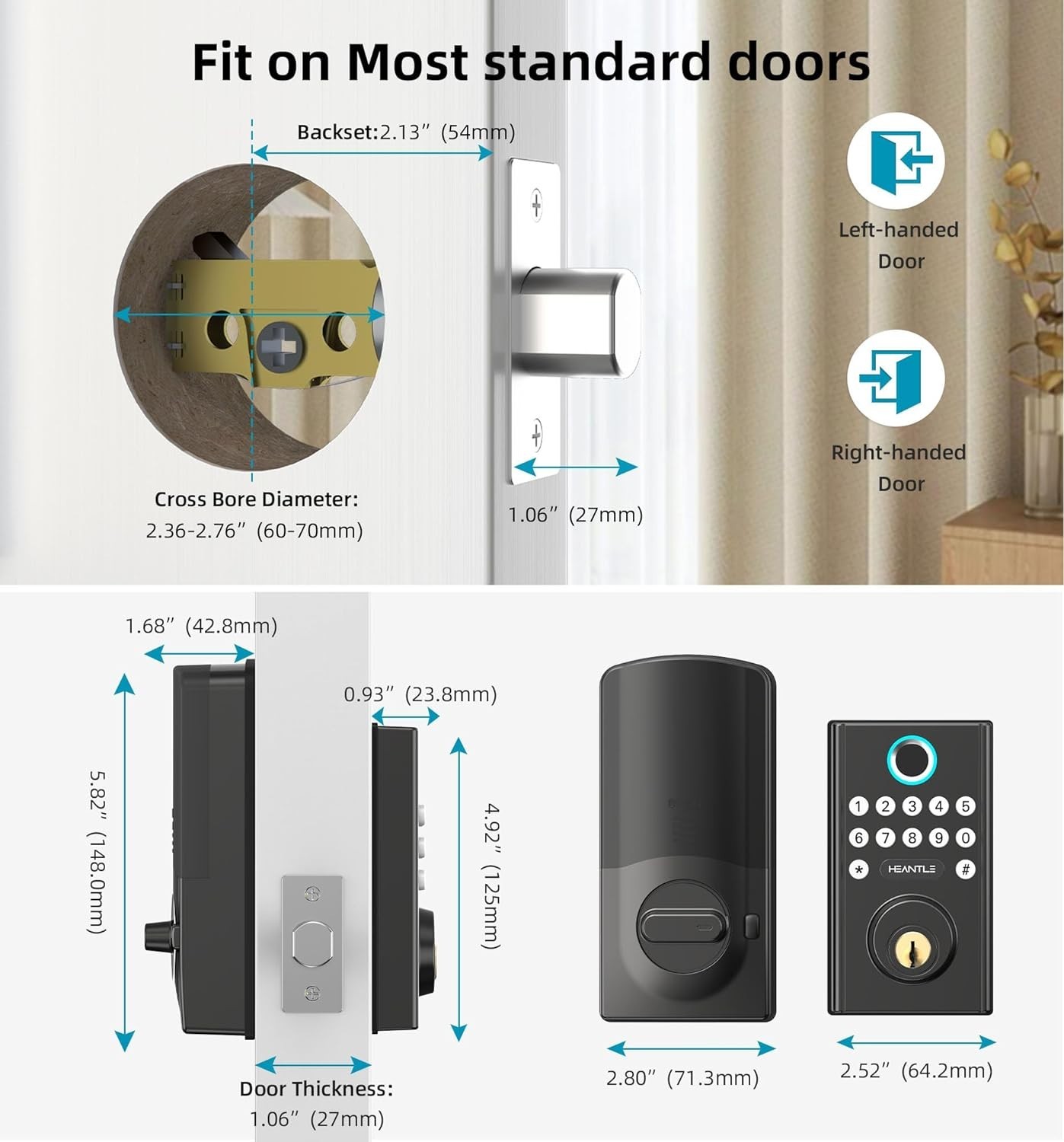 HEANTLE WiFi Front Door Lock Set with Handle Fingerprint Keyless Smart Deadbolt