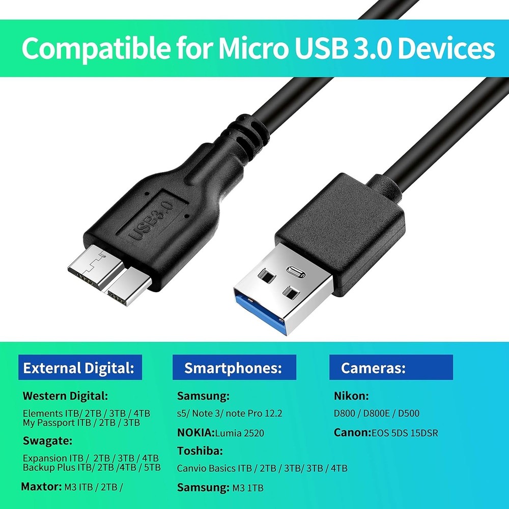 1ft USB 3.0 A Male to Micro B Cable - Fast Charging, 5 Gbps Data Transfer