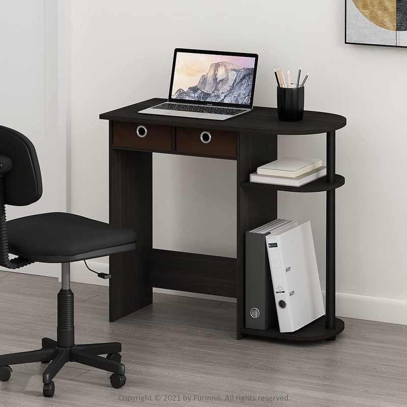 Stylish Compact Computer Desk W/ 3 Open Side Shelves Home Office Study Espresso