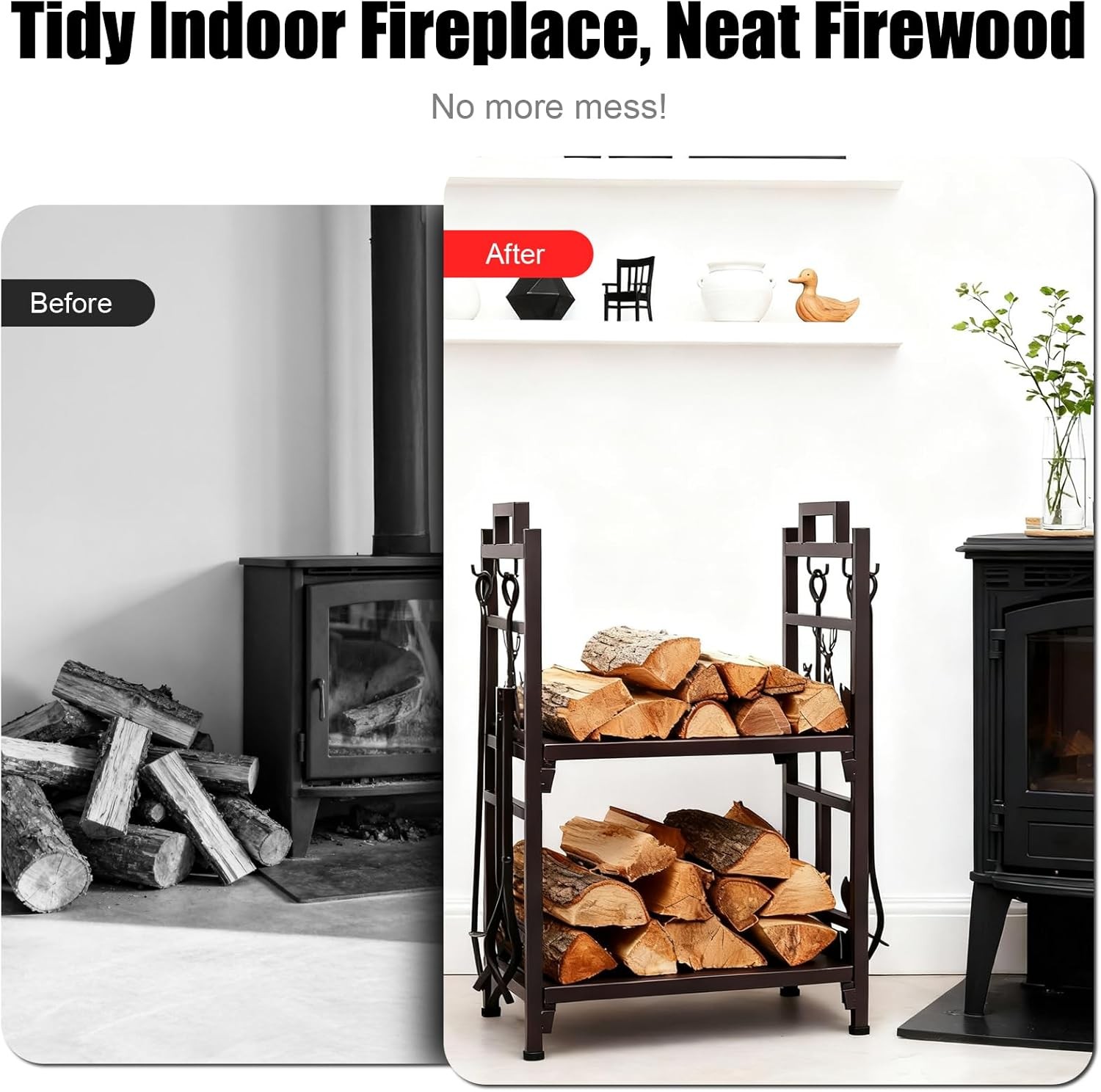 2-Tier Firewood Log Rack,Iron Lumber Storage Holder, Wood Pile Stacker Organizer